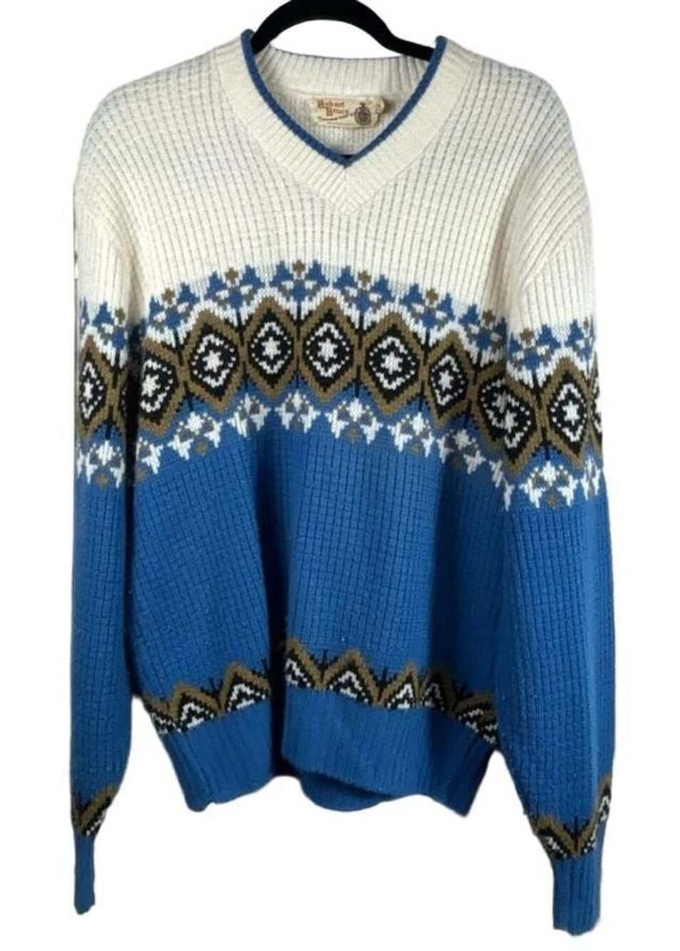 Robert Bruce V-Neck Sweater Size L Blue White Scandinavian Design